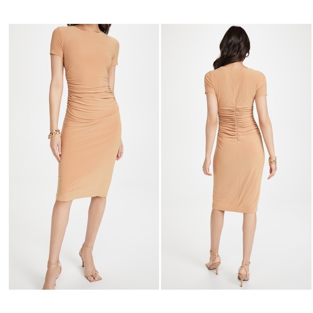 Norma Kamali Ruched Midi Dress Bodycon Cocktail Party Neutral‎ Size M sand Color
